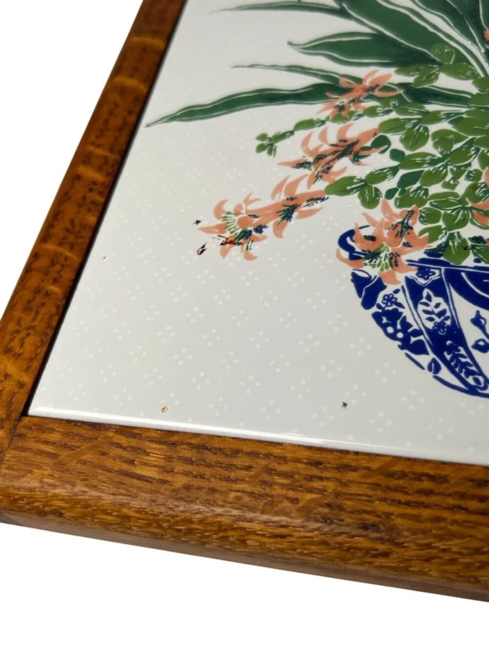 VTG Ceramic Tile Trivet Wooden Framed Floral Pot Italian Made Country Cottage